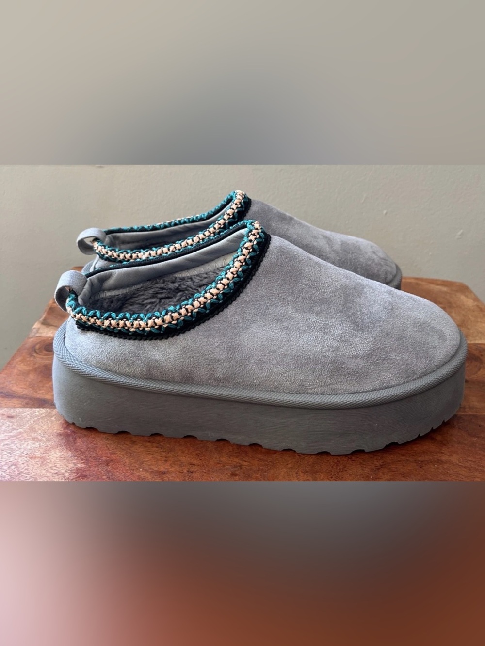 Mudd Gray Suede Slip-On Slippers with Teal and Cream Braid